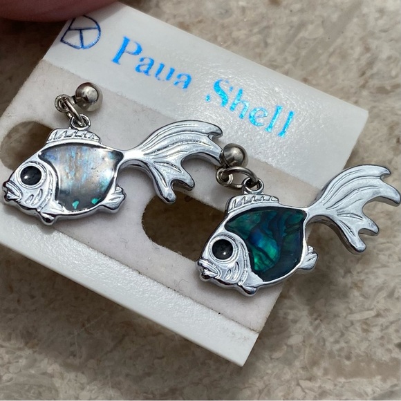 Vintage NOS Paua Shell Fish Pierced Earrings on Original Card New Store Stock - Picture 6 of 7